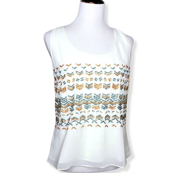 Greylin Racerback Sequin Bead Embellished Boho Tank Top Blouse White Medium - Picture 1 of 14